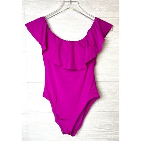 SOLD Trina Turk Pink Monaco Solids Off The Shoulder Ruffle One Piece Swimsuit - Picture 4 of 15